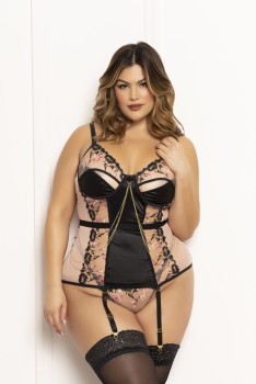 Seven til Midnight - Plus Size Two piece chemise set.  Embroidered floral lace and satin chemise - STM11671X