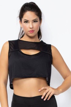 Athletic Mesh Cropped Tank With Front Cutout And Open Back Criss-Cross Detail - STM30151