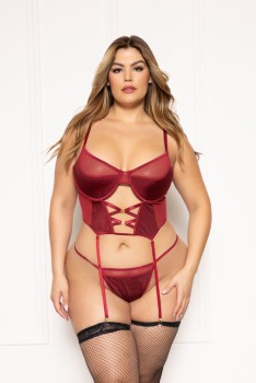 Seven til Midnight - Plus Size Two piece bustier set.  Stretch satin and mesh cropped bustier - STM11596X