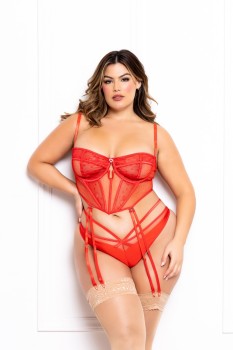Seven til Midnight - Plus Size Two piece bustier set.  Lace and dot mesh cropped bustier with underwire - STM11606X