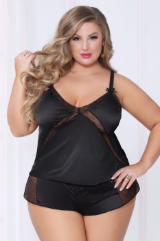 Satin Cami With Dot Mesh Trim, And High Cut Short With Dot Mesh Side Panels - STM11003X