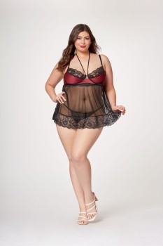 Halter neck, demi cup babydoll and matching thong panty set - STM11547X