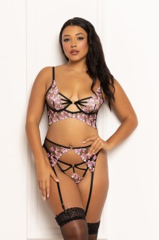 Seven til Midnight - Three piece long line bra set.  Multicolored embroidered floral galloon lace long line bra  - STM11648