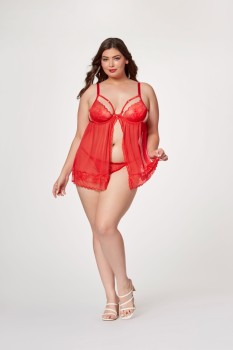 Demi cup mesh and lace babydoll with matching thong panty and heart ring details  - STM11515X