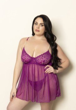 Seven til Midnight - Plus Size Two piece babydoll set.  Lace and  mesh babydoll with pearl embellishments - STM11612X