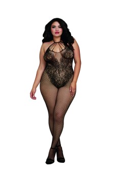Dreamgirl - Dreamgirl Women's Plus Size Fishnet Bodystocking with Knitted “Teddy” Design and Strappy Neckline - DG0326X