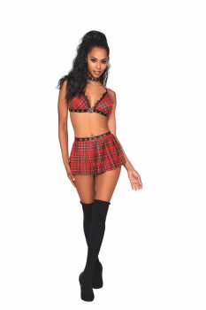 Dreamgirl - Dreamgirl Women's Naughty Schoolgirl-Themed Plaid Bralette Mini Skirt & Choker Set with Leather Trim Details - DG12503