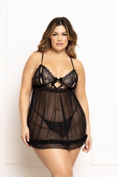 Seven til Midnight - Plus Size Two piece babydoll set.  Ditsy floral and mesh babydoll - STM11644X