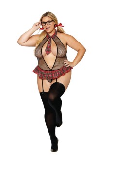 Dreamgirl - Dreamgirl Schoolgirl-themed fishnet garter teddy set with novelty plastic glasses - DG12830X