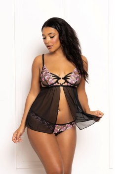 Seven til Midnight - Two piece babydoll set.  Multicolored embroidered floral galloon lace and mesh babydoll  - STM11647