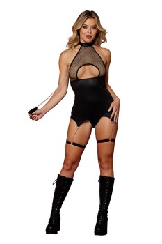 Dreamgirl - Dreamgirl Fetish Stretch Faux-Leather and Fishnet Garter Slip and Leash Set  - DG13295