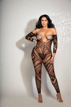 Long Sleeve Plunging Geo Pattern Bodystocking - STM20489X