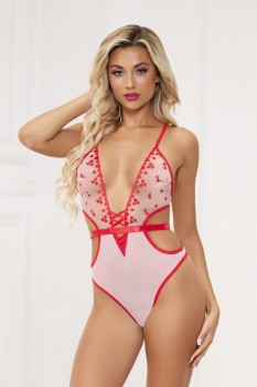 Embroidered heart and mesh thong teddy - STM11491
