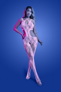 Fantasy Lingerie - EQUILIBRIUM Glow-in-the-dark lace knit crotchless bodystocking; glows pink - FL-GL2549