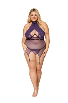 Dreamgirl - Dreamgirl 3-piece lace and fishnet garter slip, elastic harness and matching G-string set - DG12923X